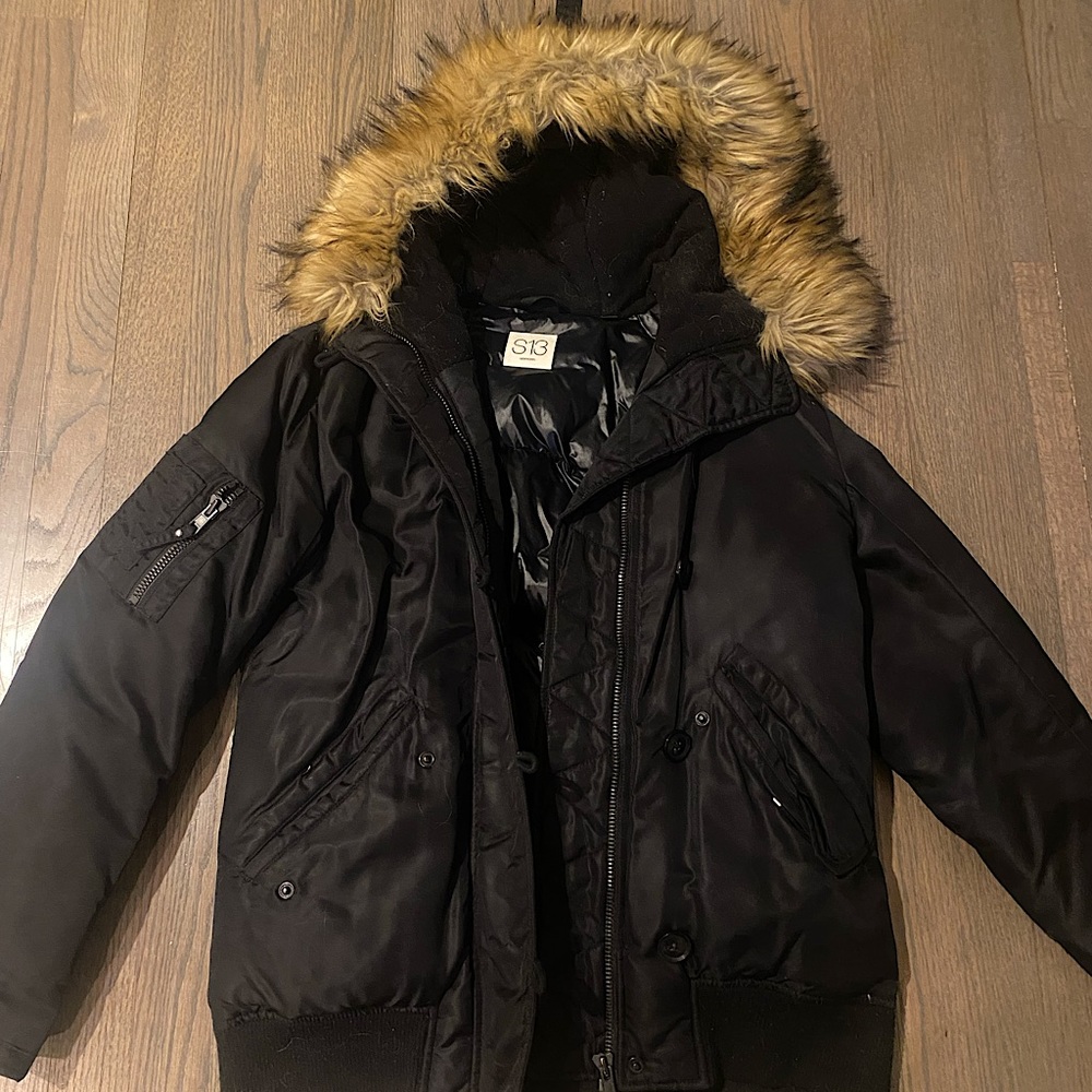 S13 Black Winter Coat w/Faux Fur Hood Sz XS